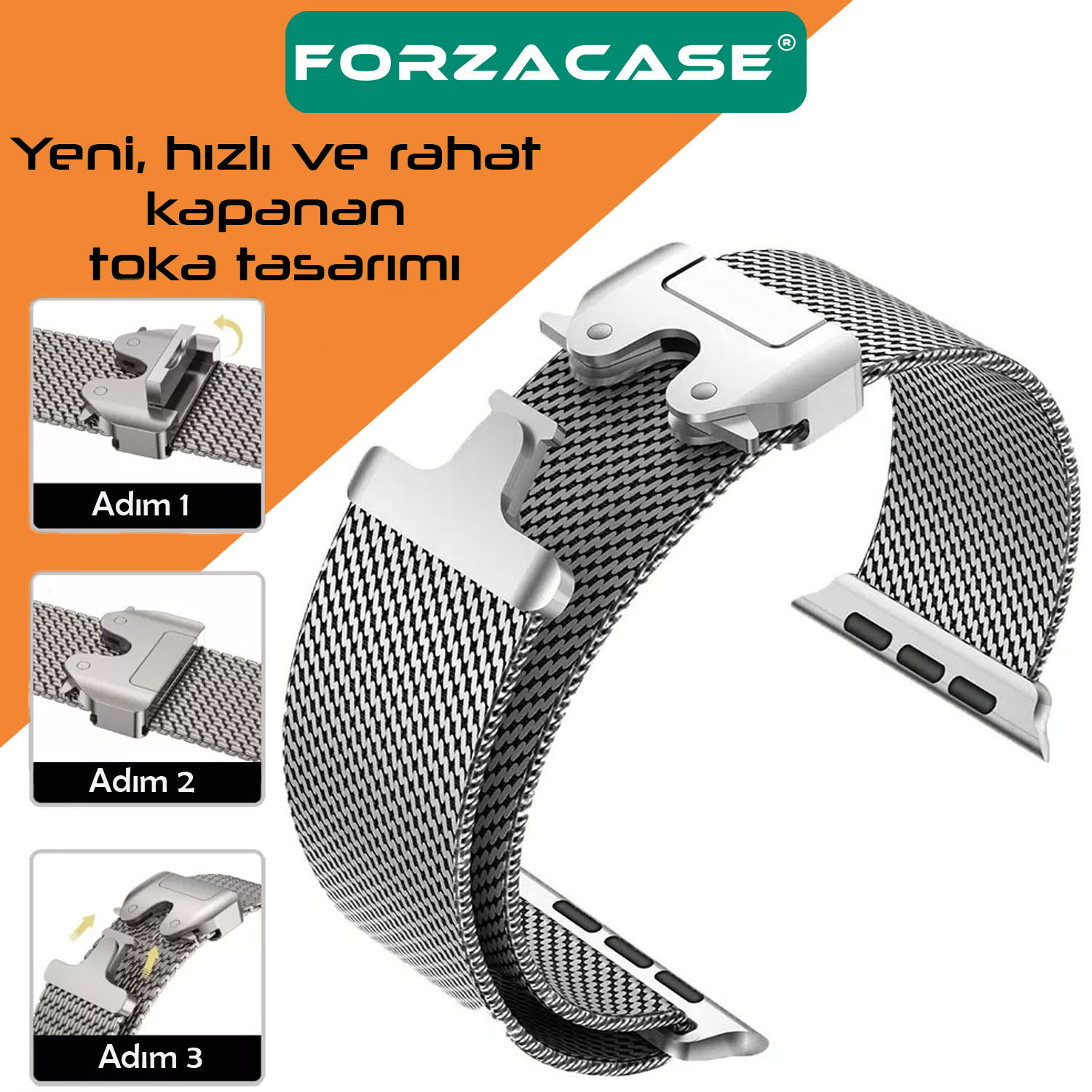 Forzacase Apple Watch 12 46mm ile uyumlu Mekanizmalı Metal Hasır Kordon Kayış - FC864