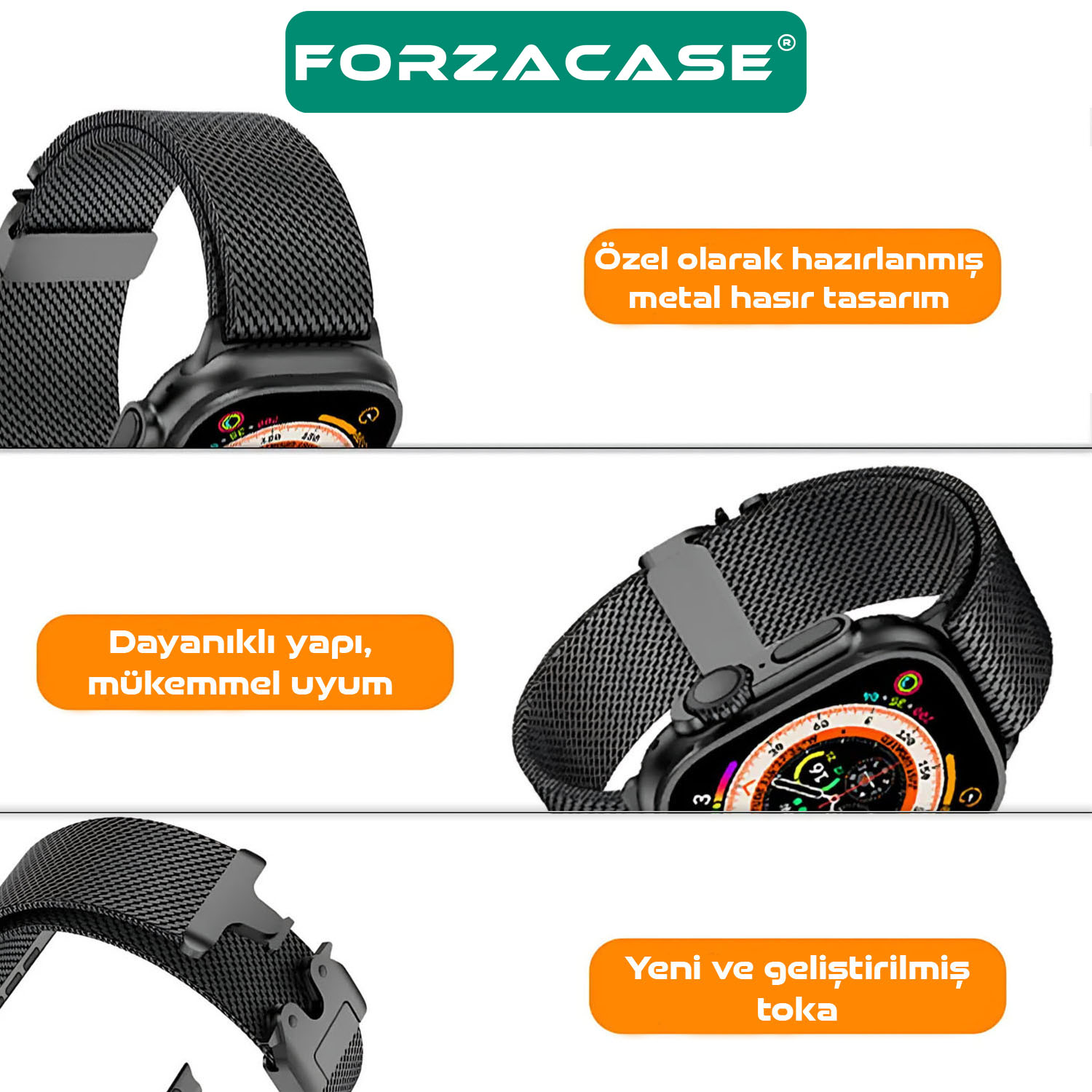 Forzacase Apple Watch 7 45mm ile uyumlu Mekanizmalı Metal Hasır Kordon Kayış - FC864