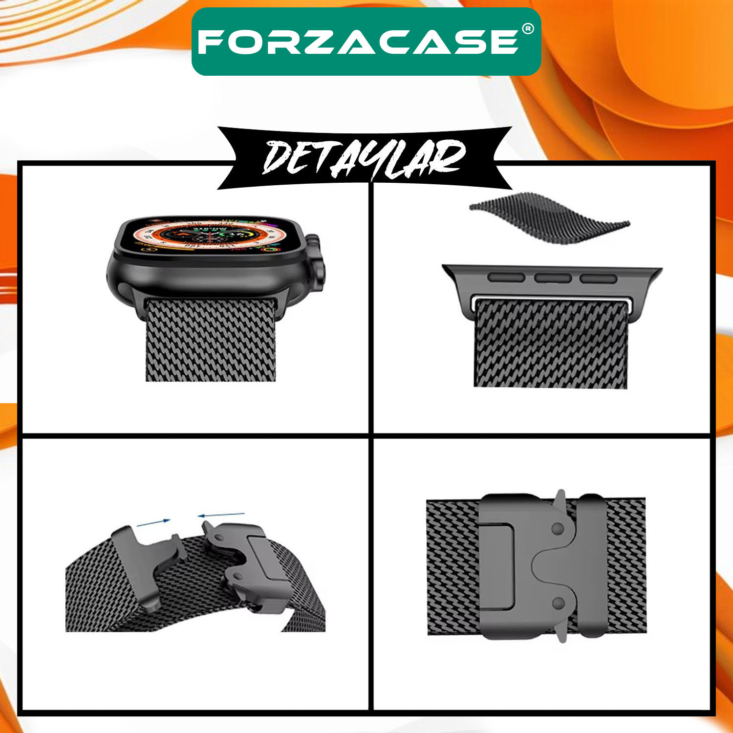 Forzacase Apple Watch 12 46mm ile uyumlu Mekanizmalı Metal Hasır Kordon Kayış - FC864