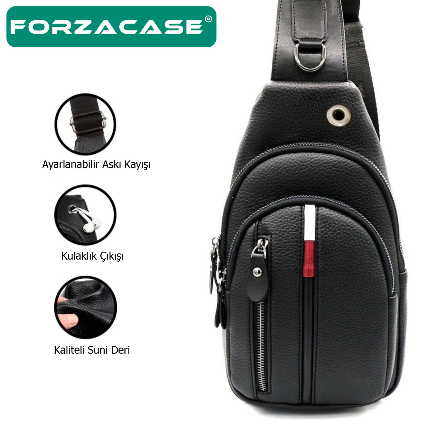 Forzacase Unisex Su Geçirmez Kulaklık Çıkışlı 2 Bölmeli Suni Deri Çapraz Göğüs ve Sırt Çantası FC869