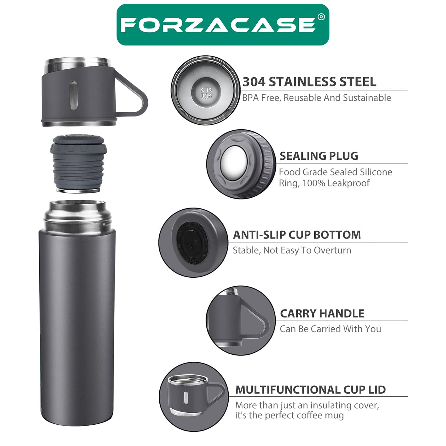 Forzacase 4 Bardaklı Paslanmaz Çelik 600 ml Sıcak Soğuk Tutan Çay Kahve Su Termosu - FC877