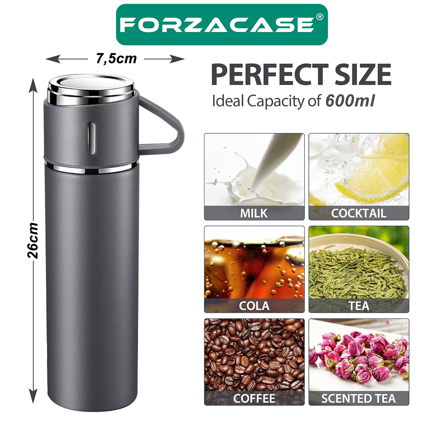 Forzacase 4 Bardaklı Paslanmaz Çelik 600 ml Sıcak Soğuk Tutan Çay Kahve Su Termosu - FC877