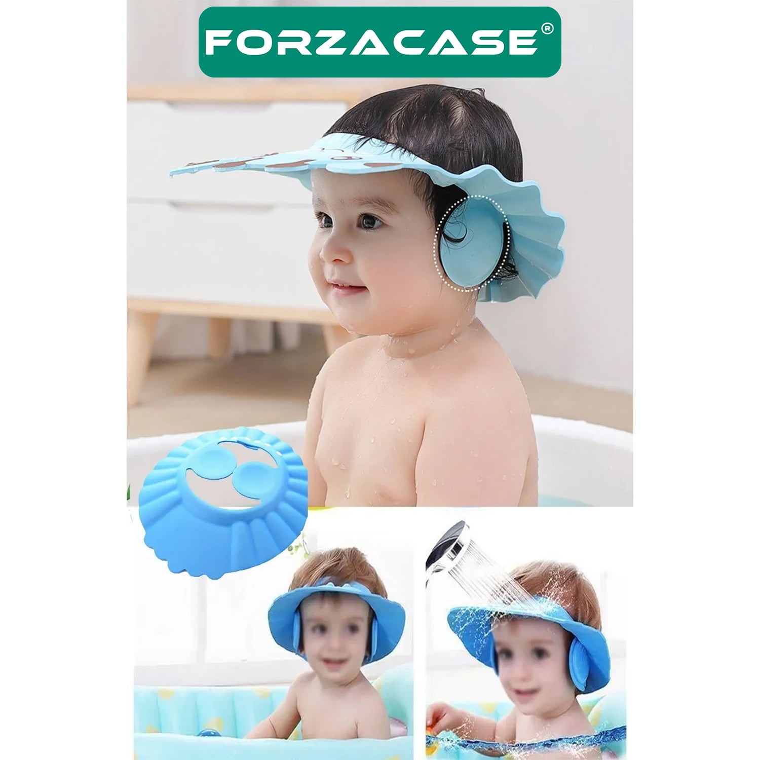 Forzacase Bebekler için Su ve Köpük Önleyici Banyo Şapkası Düğmeli Kulaklıklı  - FC881