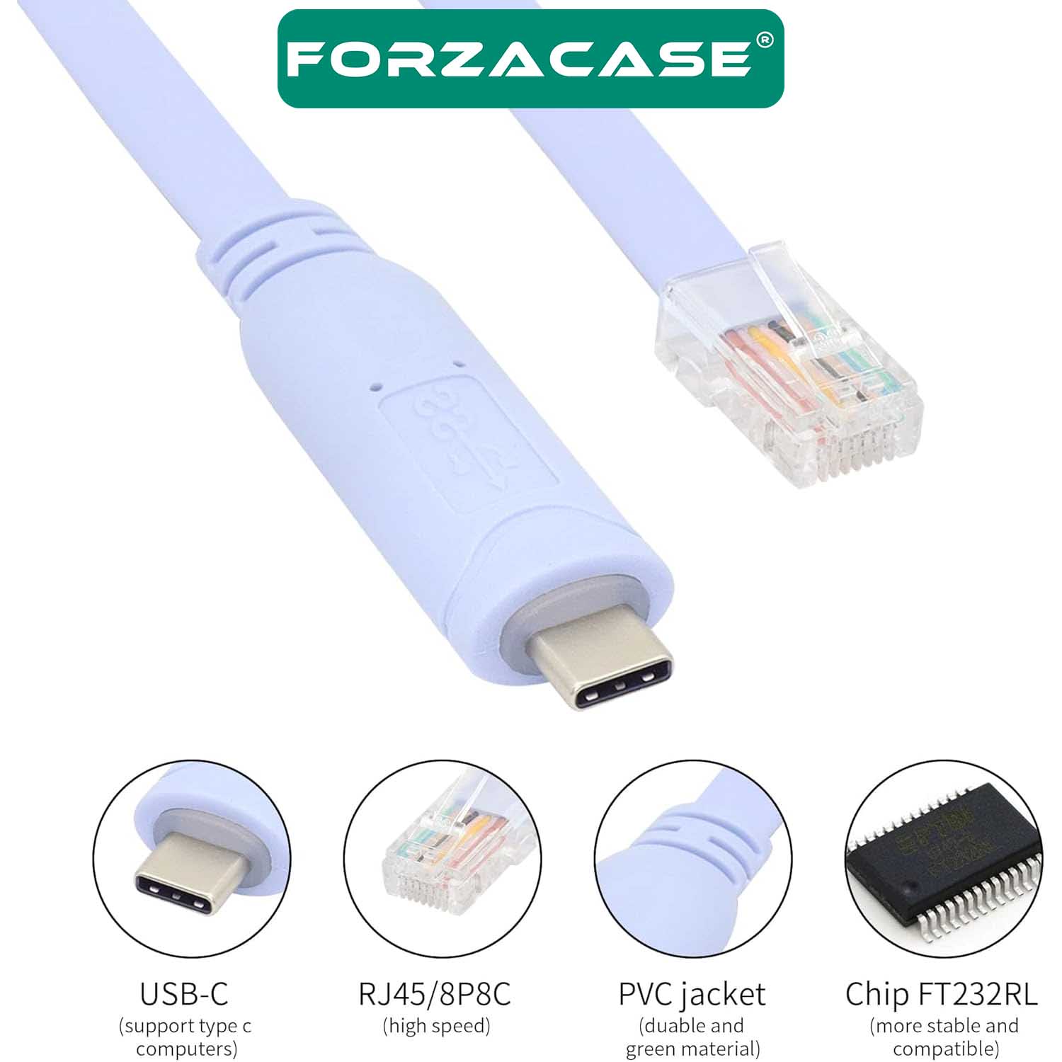 Forzacase 1.8mt Type-C Cisco Seri Yönlendirici USB’den RJ45’e Çeviren Konsol Kablosu Mavi - FC882