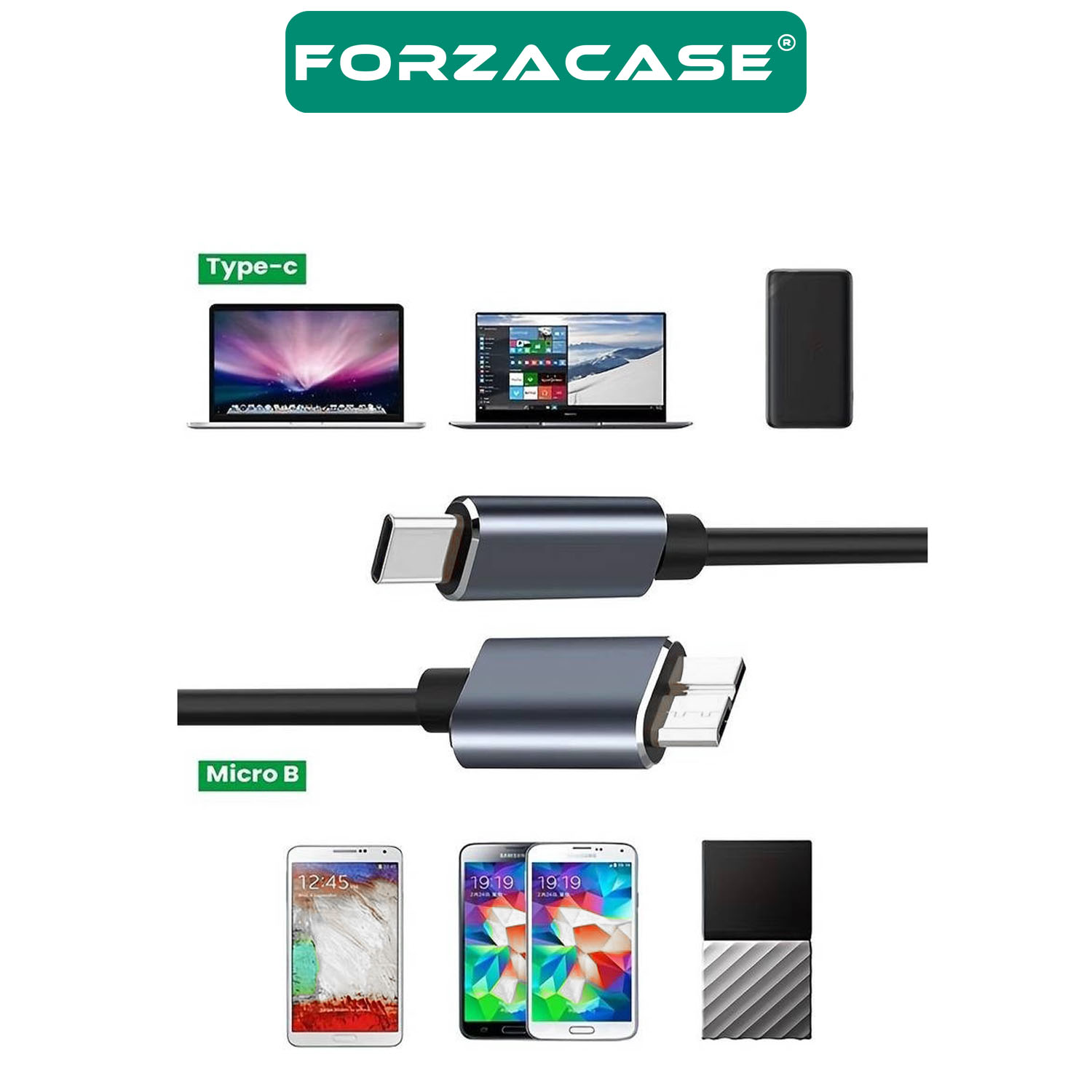 Forzacase Type-C to Micro B 3.0 Şarj ve Data Veri Kablosu 5 Gbps 5V3A 50 cm - FC884