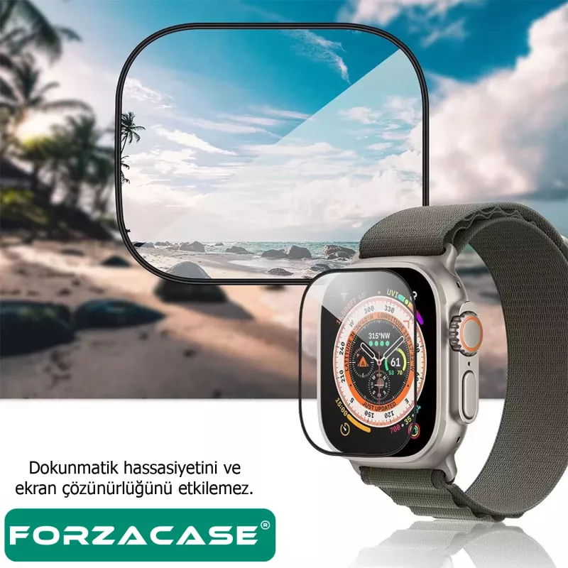 Forzacase Apple Watch Ultra 3 49mm ile uyumlu Tam Kaplayan Temperli Cam Ekran Koruyucu - FC887