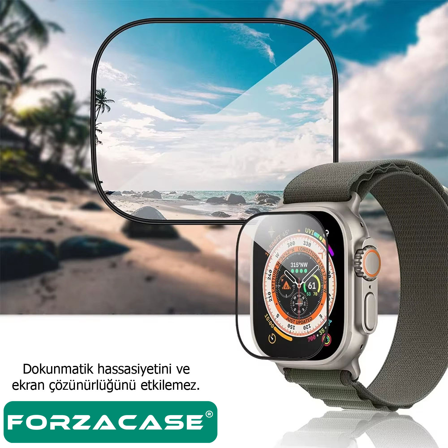 Forzacase Apple Watch Ultra 2 49mm ile uyumlu Tam Kaplayan Temperli Cam Ekran Koruyucu - FC887
