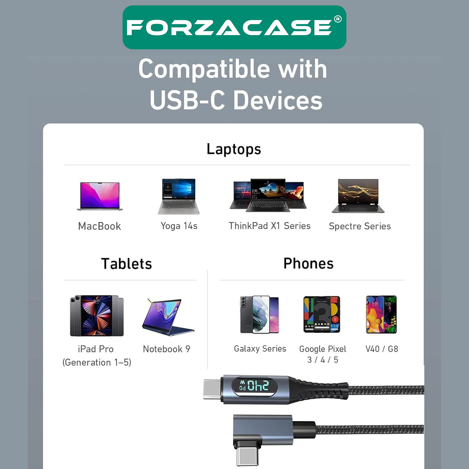 Forzacase 240W PD Type-C to Type-C LED Ekranlı 8K@60Hz 40Gbps Data ve Şarj Kablosu - FC896