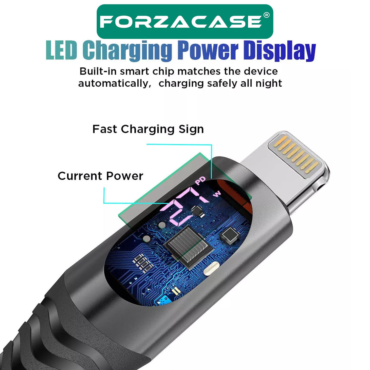 Forzacase Type-C to Lightning Örgülü LED Ekranlı 27W PD Hızlı Şarj Kablosu 1 metre - FC897