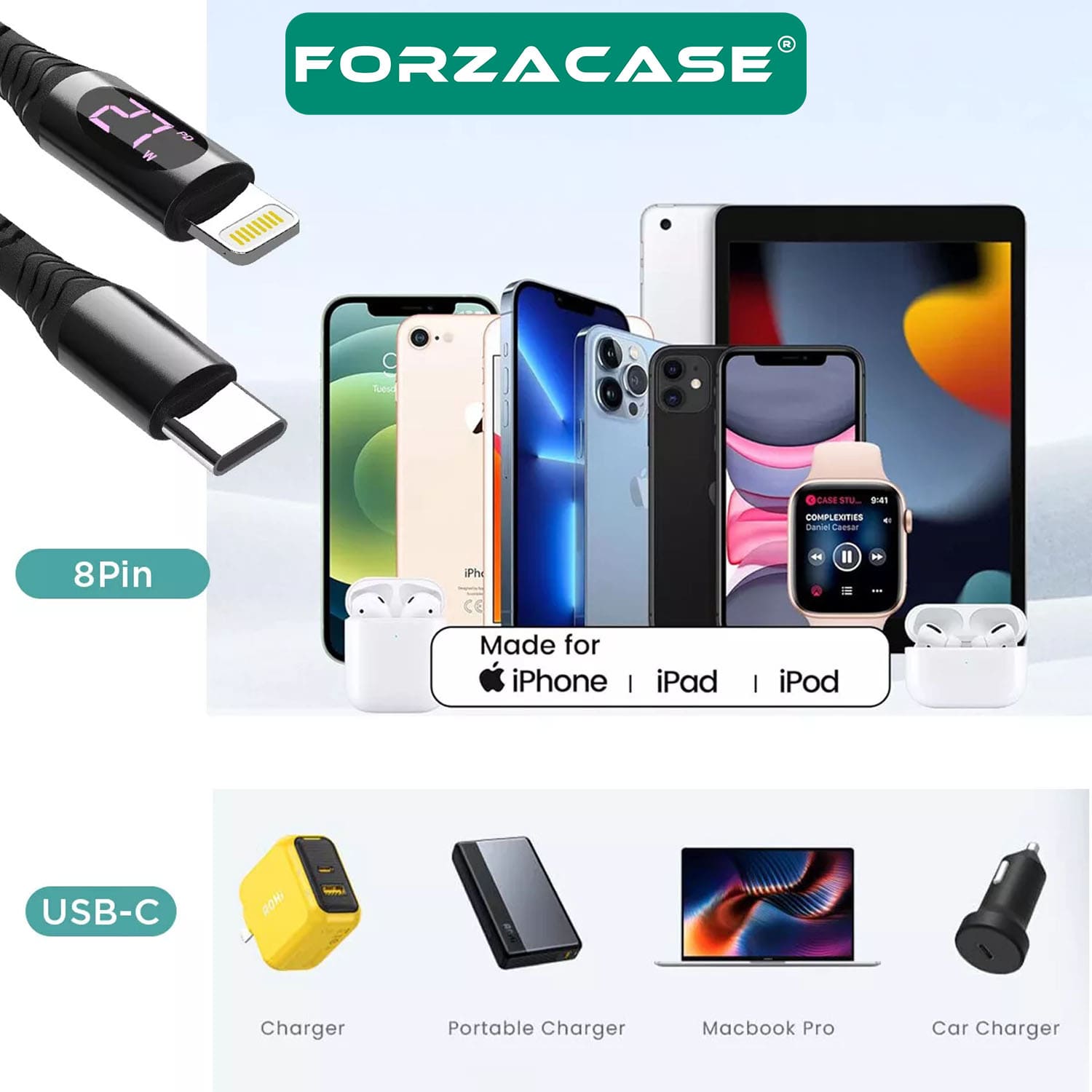 Forzacase Type-C to Lightning Örgülü LED Ekranlı 27W PD Hızlı Şarj Kablosu 1 metre - FC897