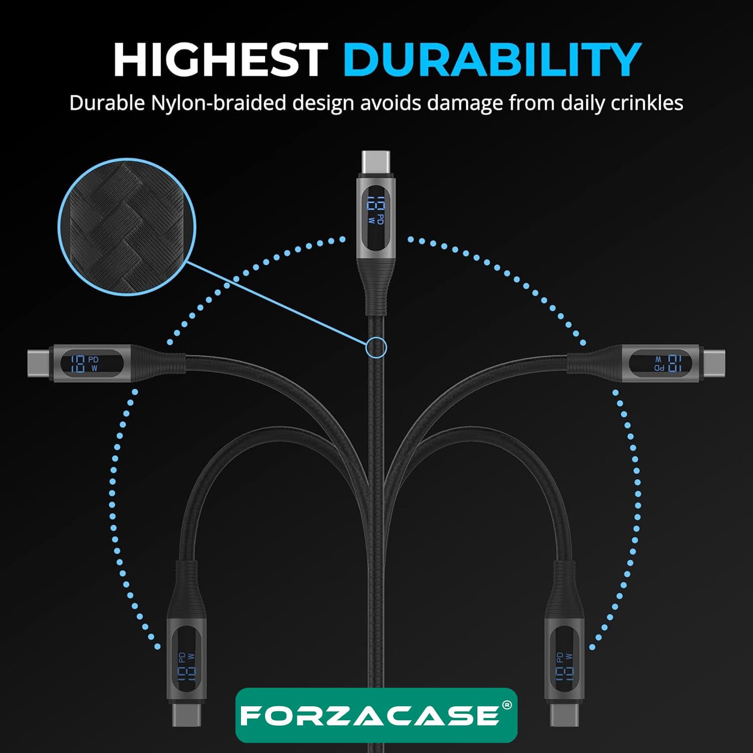 Forzacase Type-C to Type-C Örgülü LED Ekranlı 60W PD Hızlı Şarj Kablosu 1 metre - FC898