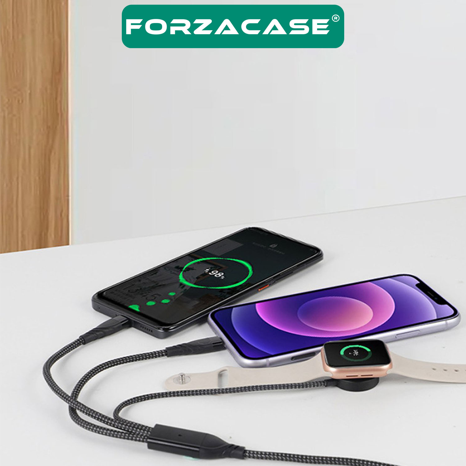 Forzacase USB Type-C Multi Giriş 100W 3in1 Type-C, Lightning ve Apple Watch Çoklu Şarj Kablosu FC900