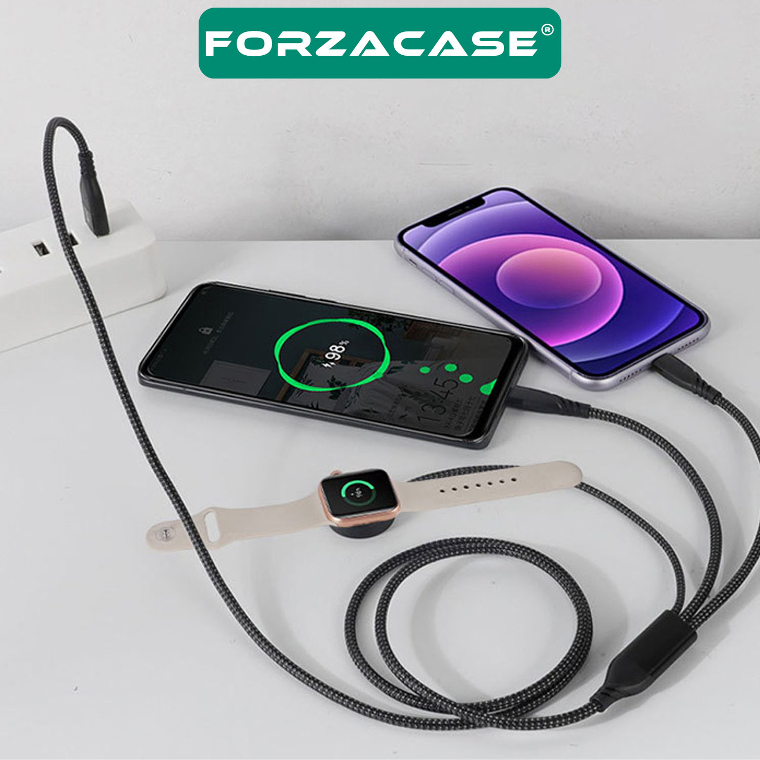 Forzacase USB Type-C Multi Giriş 100W 3in1 Type-C, Lightning ve Apple Watch Çoklu Şarj Kablosu FC900
