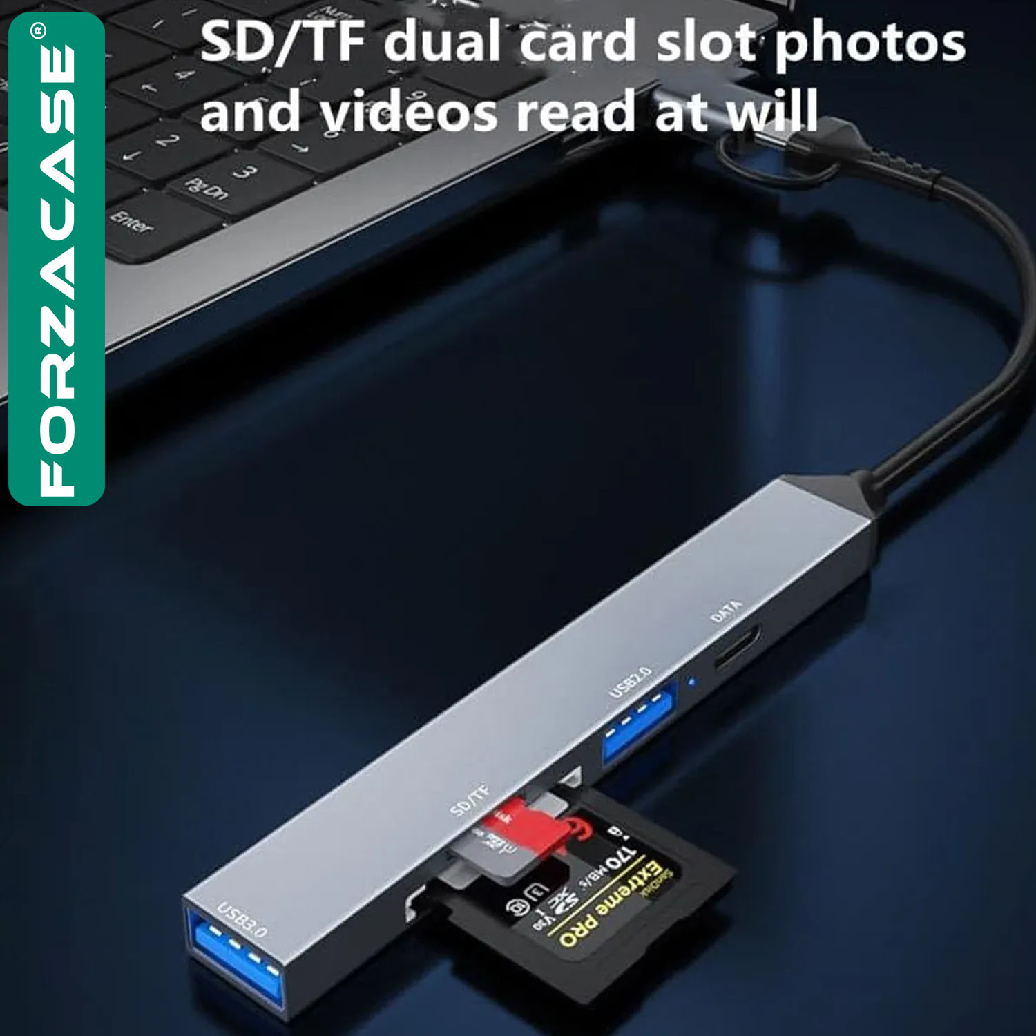 Forzacase Type-C / USB Multi Giriş Kart Okuyucu Çevirici SD/TF USB 3.0/2.0 5Gbps Veri Aktarımı FC901