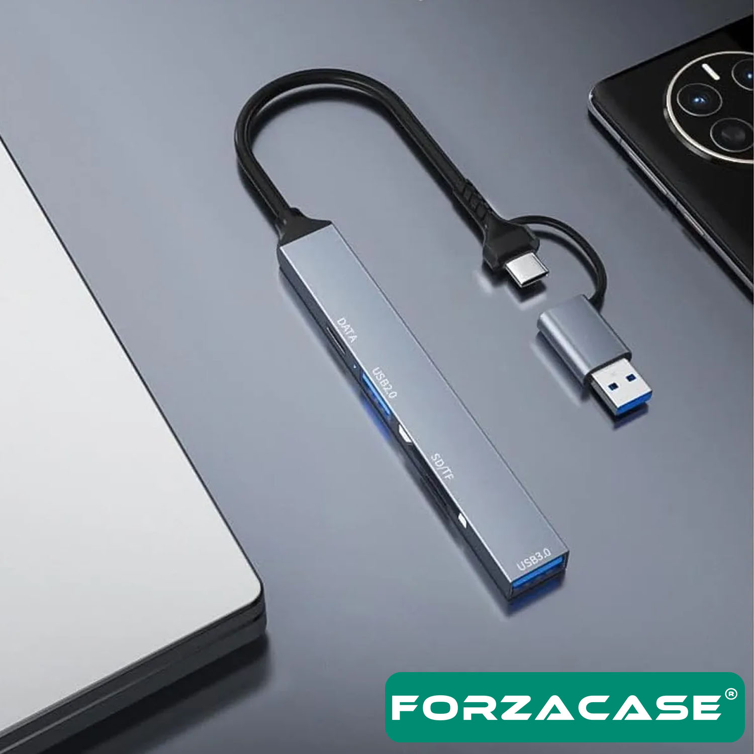Forzacase Type-C / USB Multi Giriş Kart Okuyucu Çevirici SD/TF USB 3.0/2.0 5Gbps Veri Aktarımı FC901