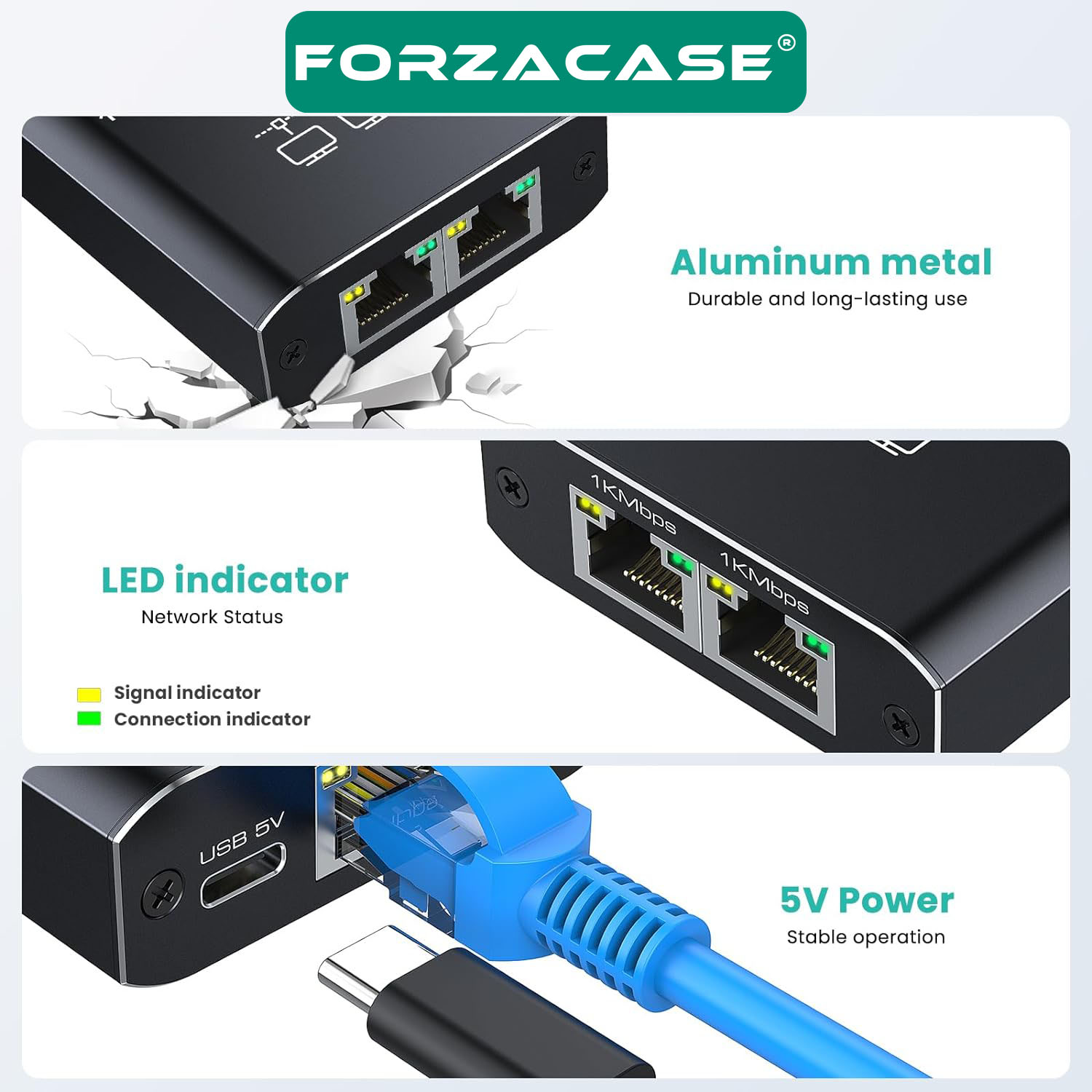 Forzacase RJ45 Ethernet Çoklayıcı Splitter 100/1000 Mbps 2in1 Switch Çoklayıcı 1 Giriş 2 Çıkış FC903