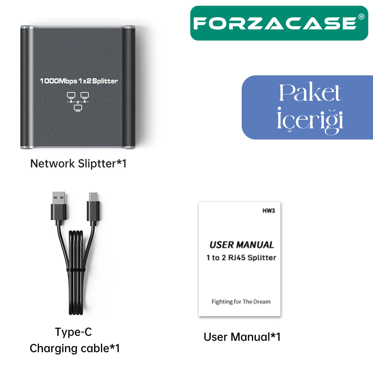 Forzacase RJ45 Ethernet Çoklayıcı Splitter 100/1000 Mbps 2in1 Switch Çoklayıcı 1 Giriş 2 Çıkış FC903