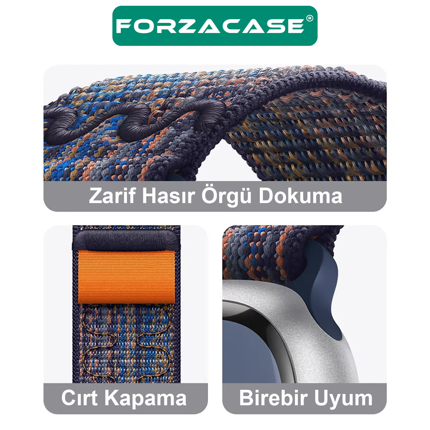 Forzacase Apple Watch 12 46mm ile uyumlu Hasır Örgü Cırtlı Kordon Kayış - FC909