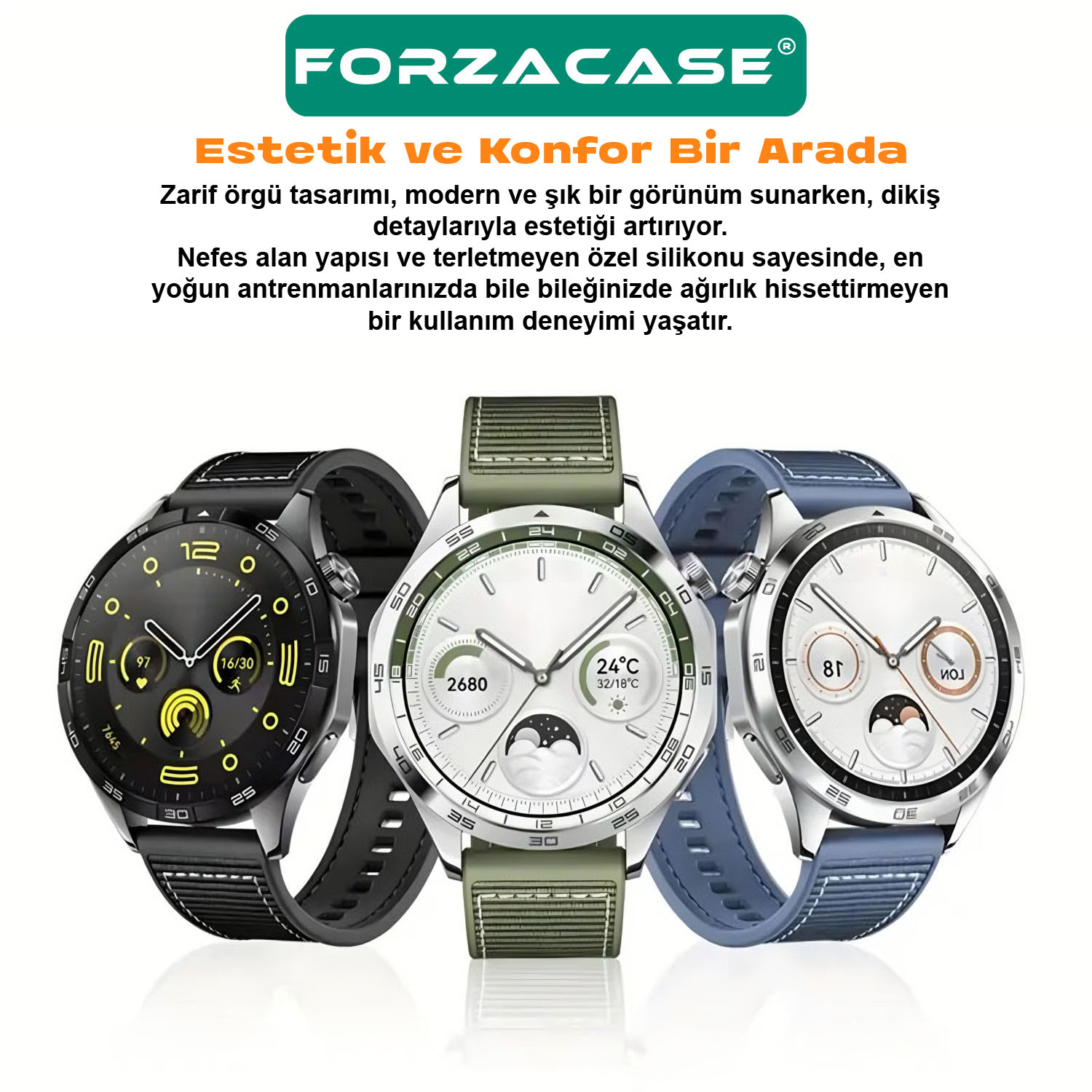 Forzacase Samsung Watch Active 2 40 mm ile uyumlu Dikişli Kumaş Görünüm Silikon Kordon Kayış FC1059