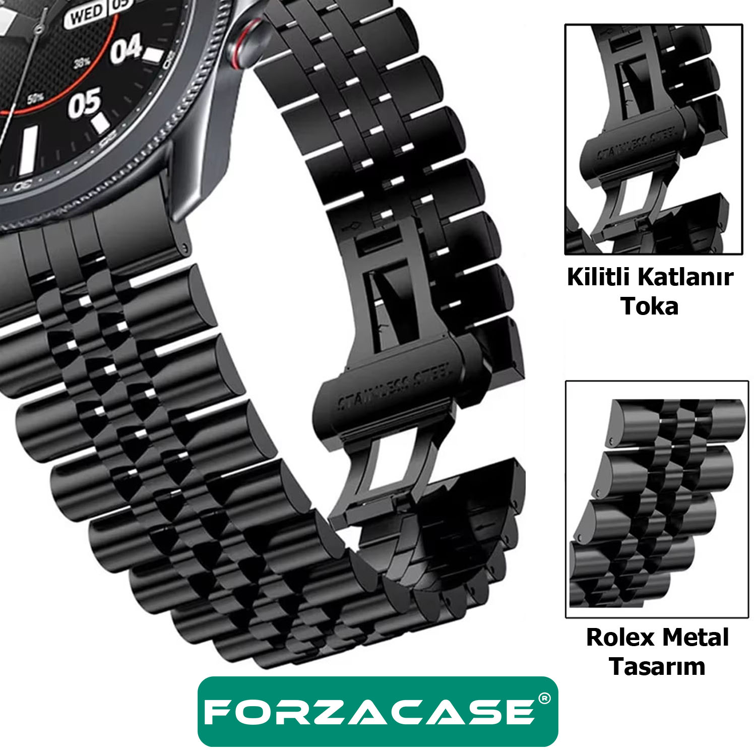 Forzacase Samsung Galaxy Watch 42mm ile uyumlu Rolex Tasarım Metal Kordon Kayış - FC926