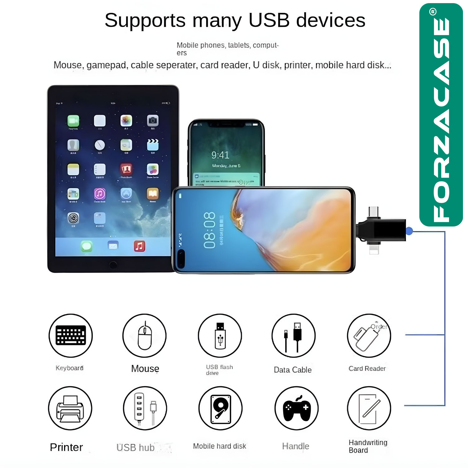 Forzacase Micro USB Type-C Lightning to 4in1 OTG USB Çevirici Kamera Flash Bellek Adaptör - FC930