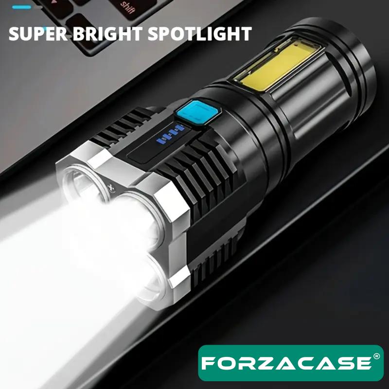 Forzacase Güçlü 4 Ledli Şarj Edilebilir Çakarlı 4 Fonksiyonlu Outdoor Kamp El Feneri - FC954