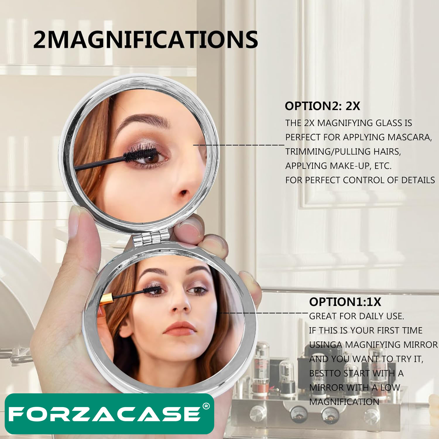 Forzacase Kadınlara Özel Ayna Beyaz Suni Deri Kalp Şeklinde Makyaj Aynası 7 cm - FC961