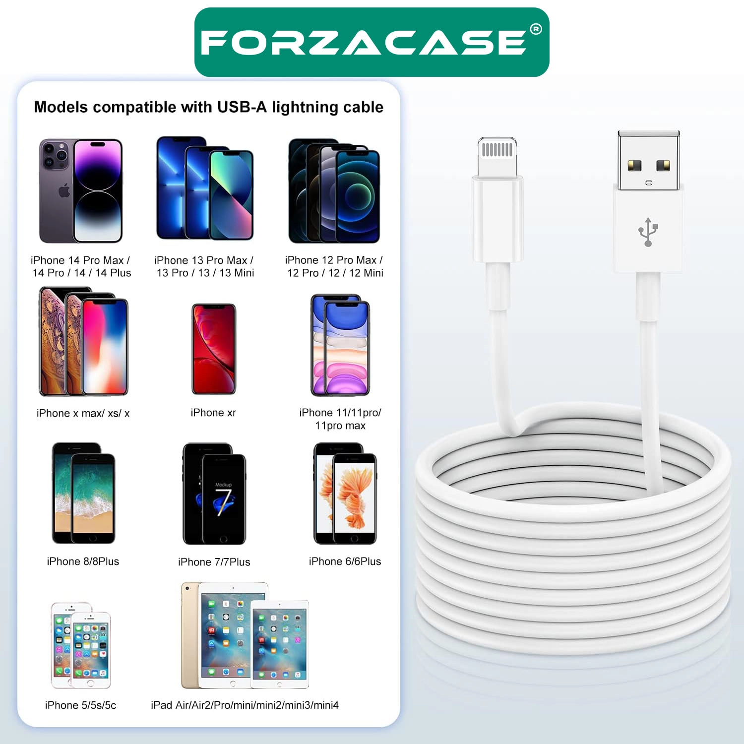 Forzacase iPhone Lightning USB Şarj ve Data Kablosu 3A 5 metre Beyaz - FC1172
