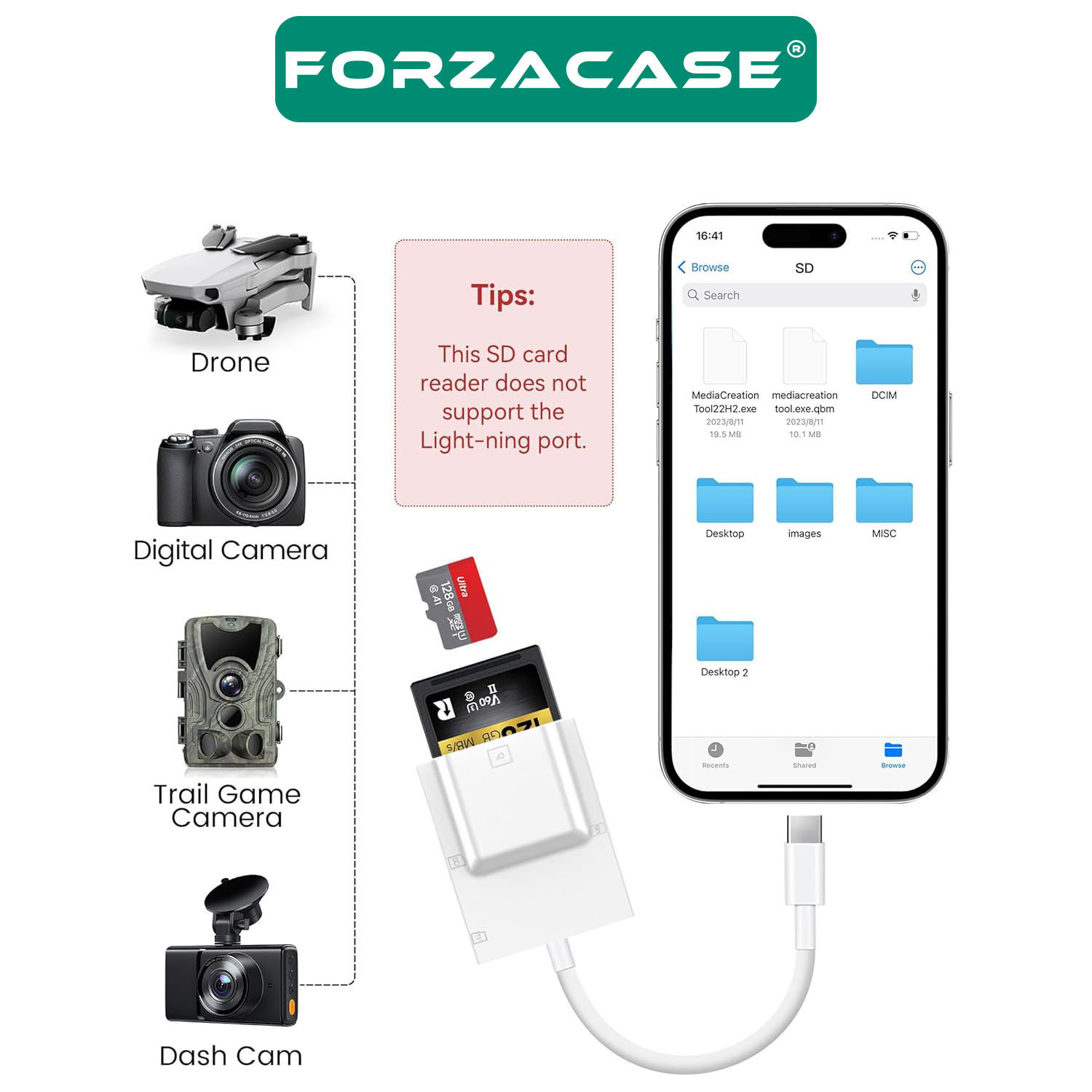 Forzacase Telefon ve Tabletler için Hızlı Type-C to SD / Micro SD / TF Kart Okuyucu Adaptör - FC974