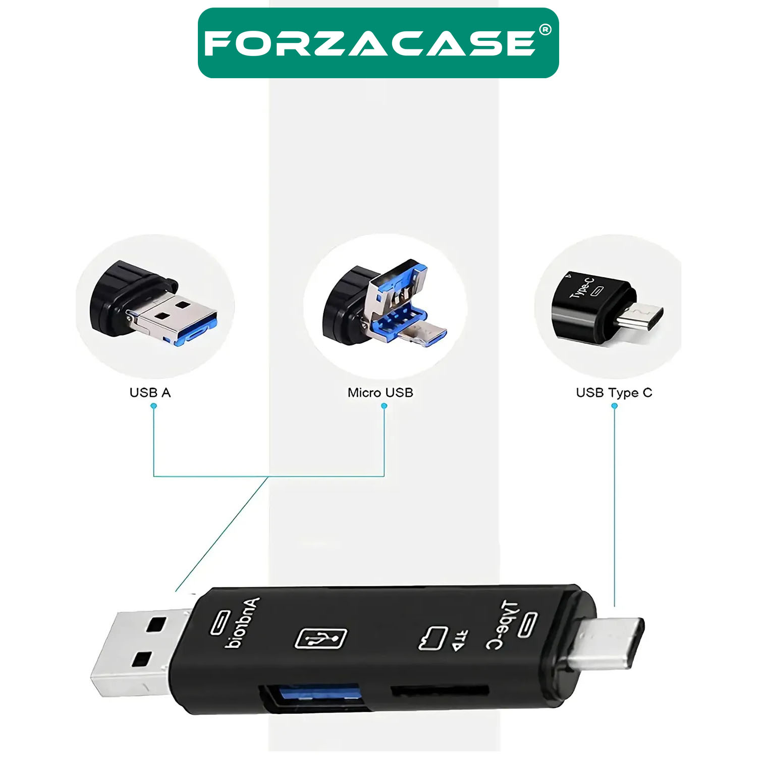 Forzacase USB 3.0 Type-C Micro USB Kart Okuyucu 5in1 USB OTG Micro SD/TF Çevirici - FC983