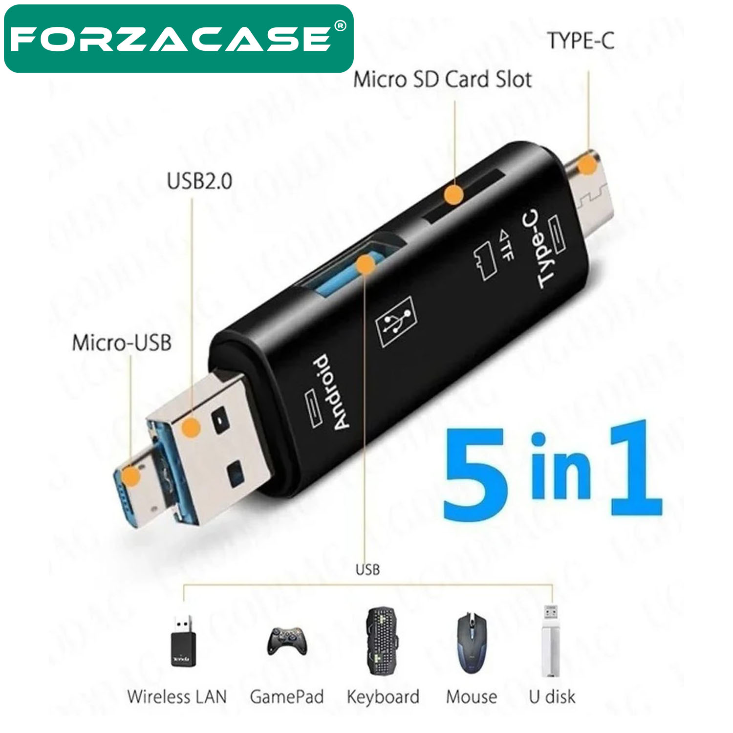 Forzacase USB 3.0 Type-C Micro USB Kart Okuyucu 5in1 USB OTG Micro SD/TF Çevirici - FC983