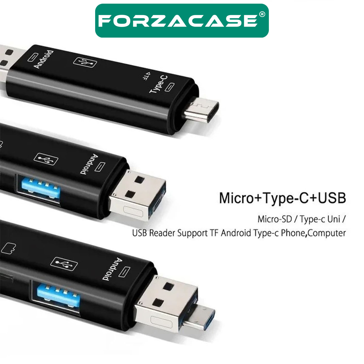 Forzacase USB 3.0 Type-C Micro USB Kart Okuyucu 5in1 USB OTG Micro SD/TF Çevirici - FC983