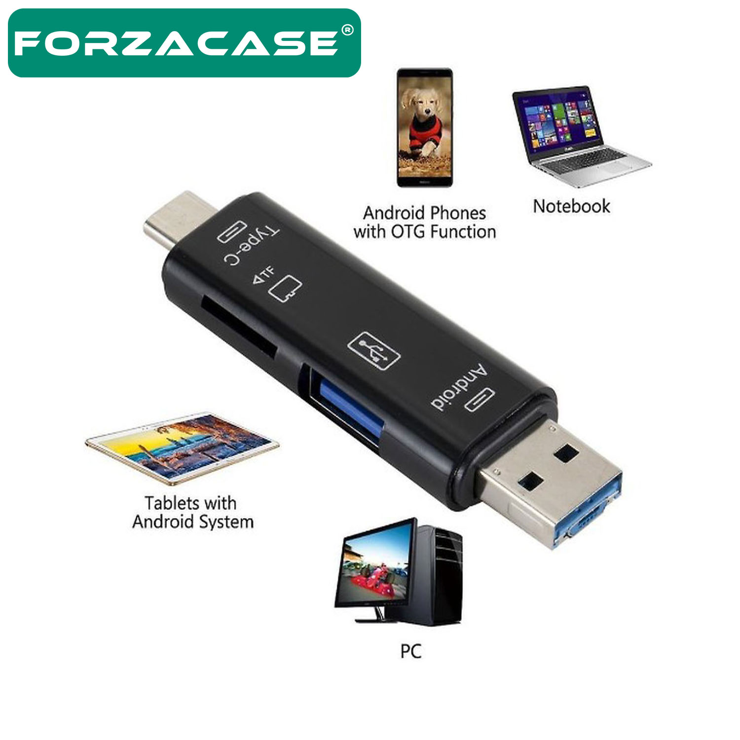 Forzacase USB 3.0 Type-C Micro USB Kart Okuyucu 5in1 USB OTG Micro SD/TF Çevirici - FC983