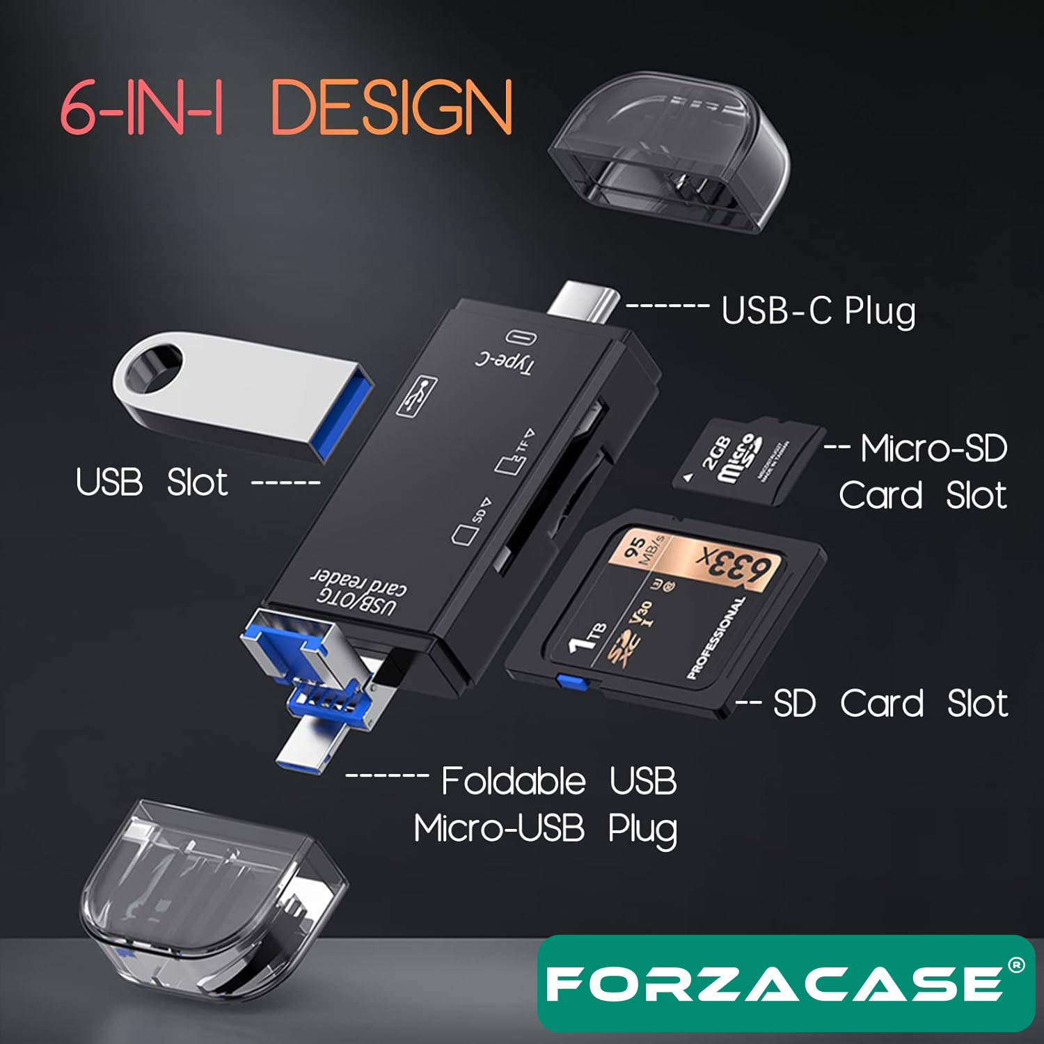 Forzacase USB 3.0 Type-C Micro USB Kart Okuyucu 6in1 USB OTG SD/TF Çok Fonksiyonlu Çevirici - FC984