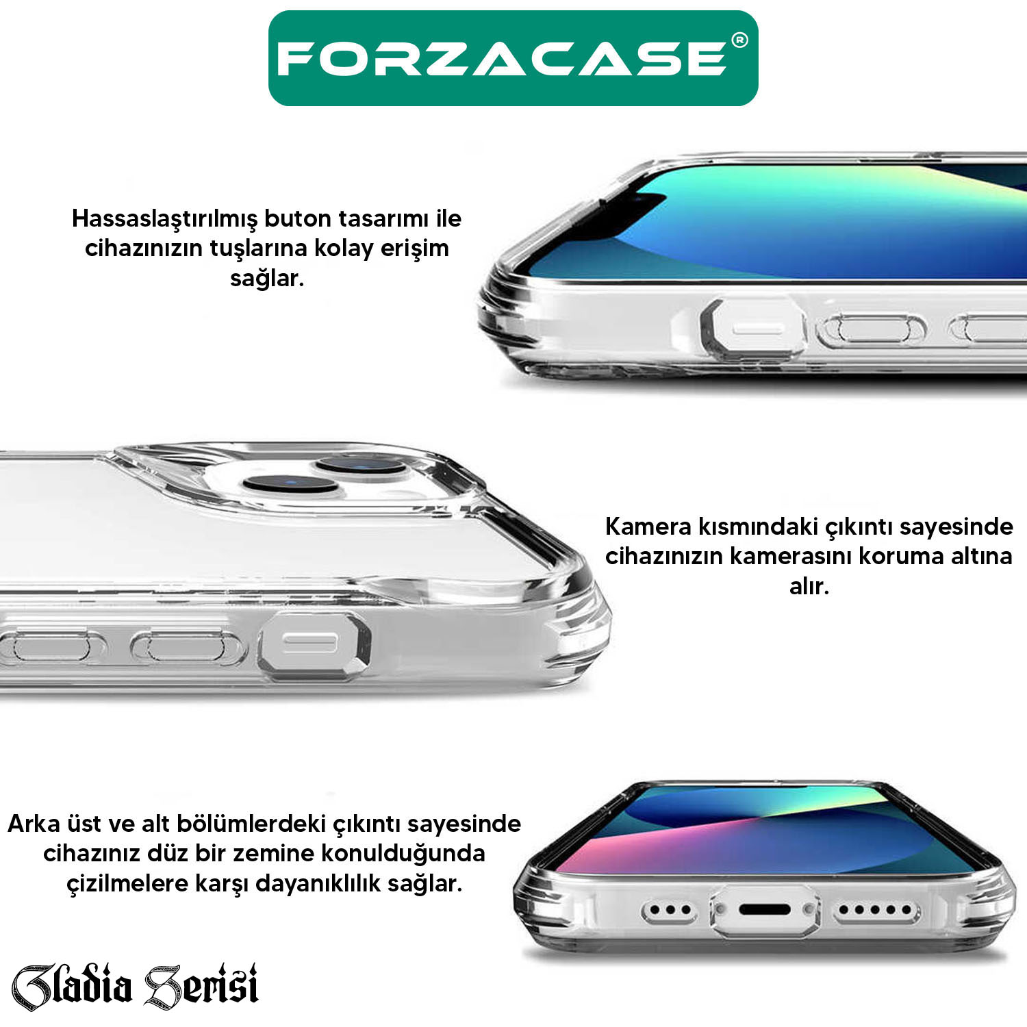 Forzacase iPhone 13 Pro Max ile uyumlu Gladia Serisi Kamera Köşe Korumalı Sert Plastik Şeffaf Kılıf
