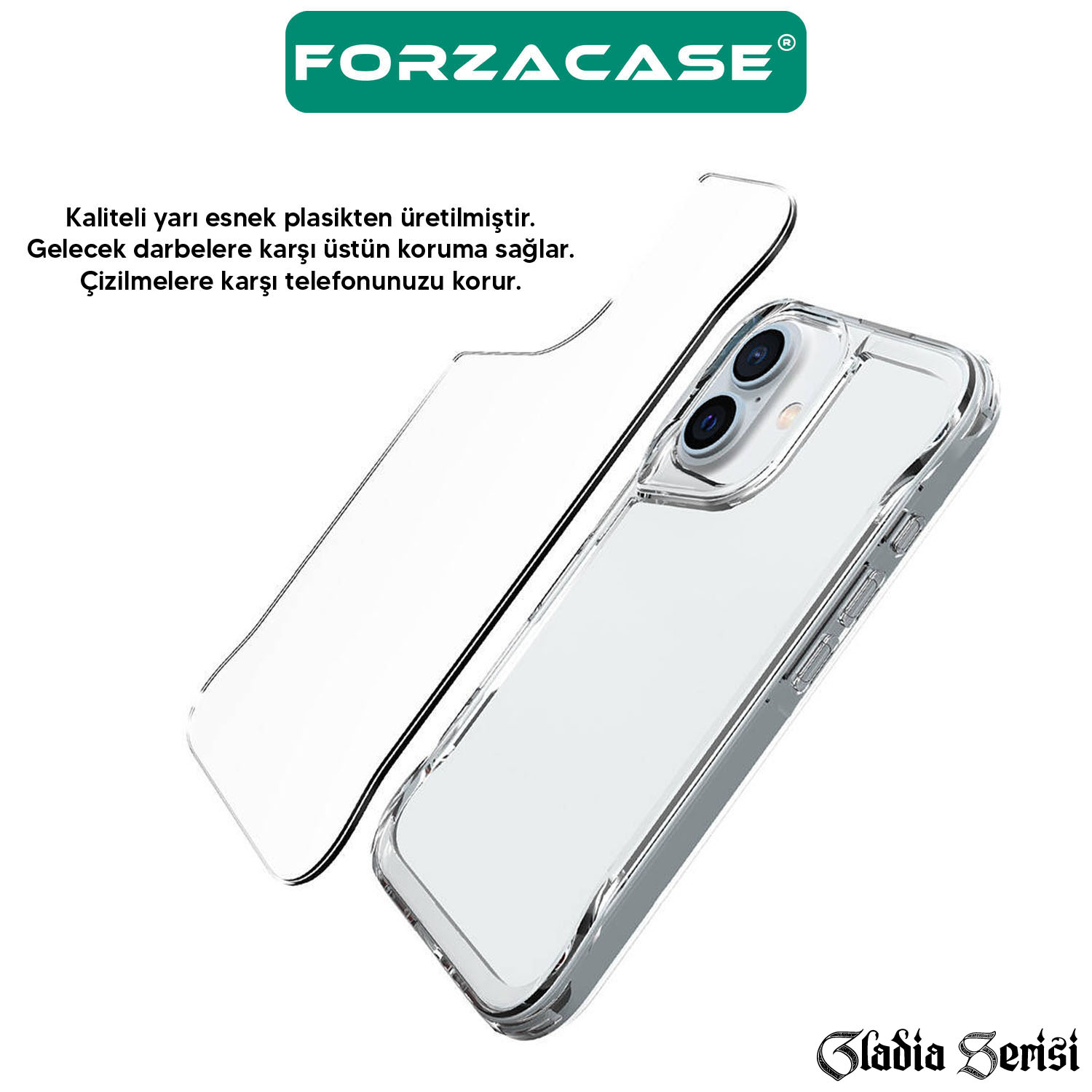Forzacase iPhone 14 ile uyumlu Gladia Serisi Kamera Köşe Korumalı Sert Plastik Şeffaf Kılıf