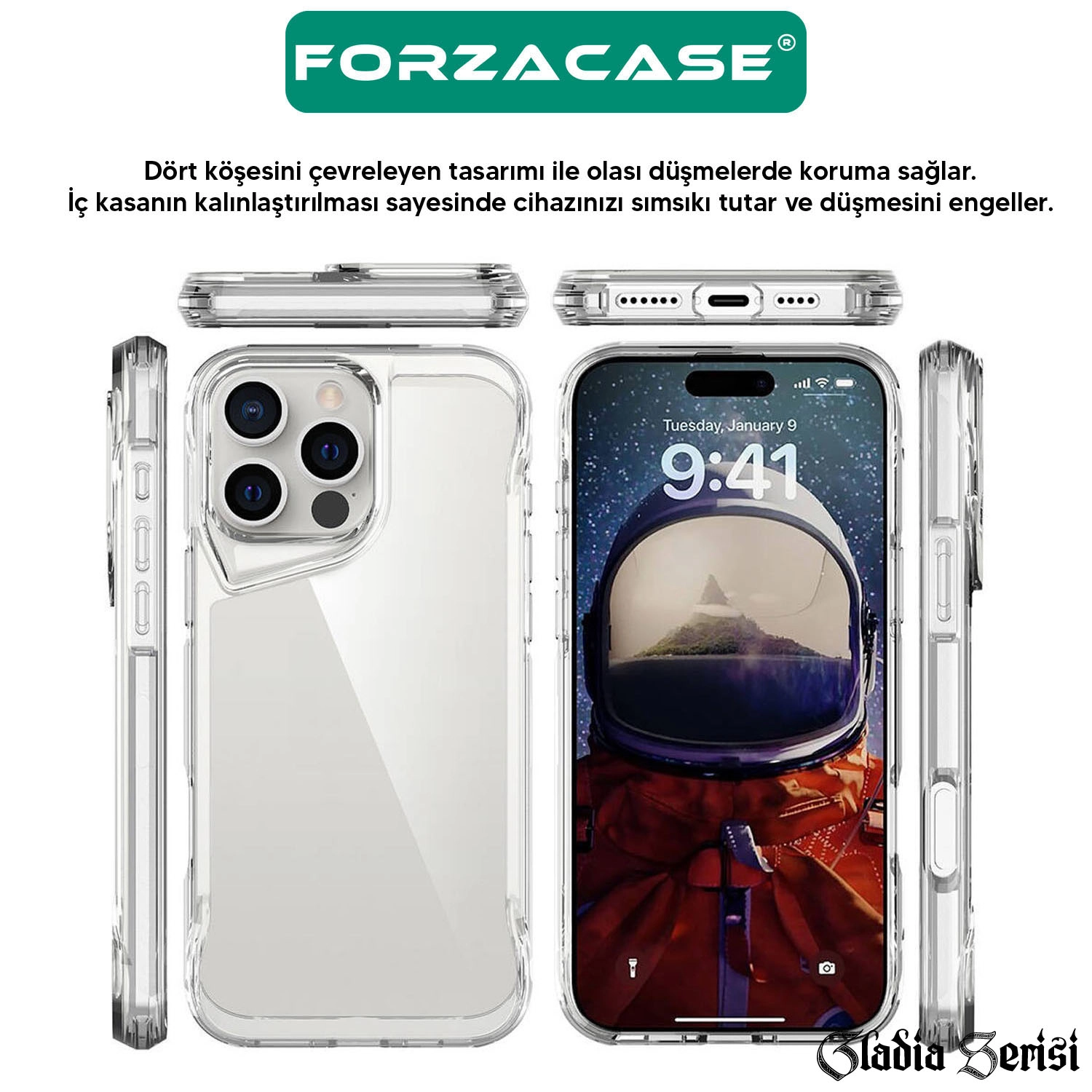Forzacase iPhone 17 ile uyumlu Gladia Serisi Kamera Köşe Korumalı Sert Plastik Şeffaf Kılıf