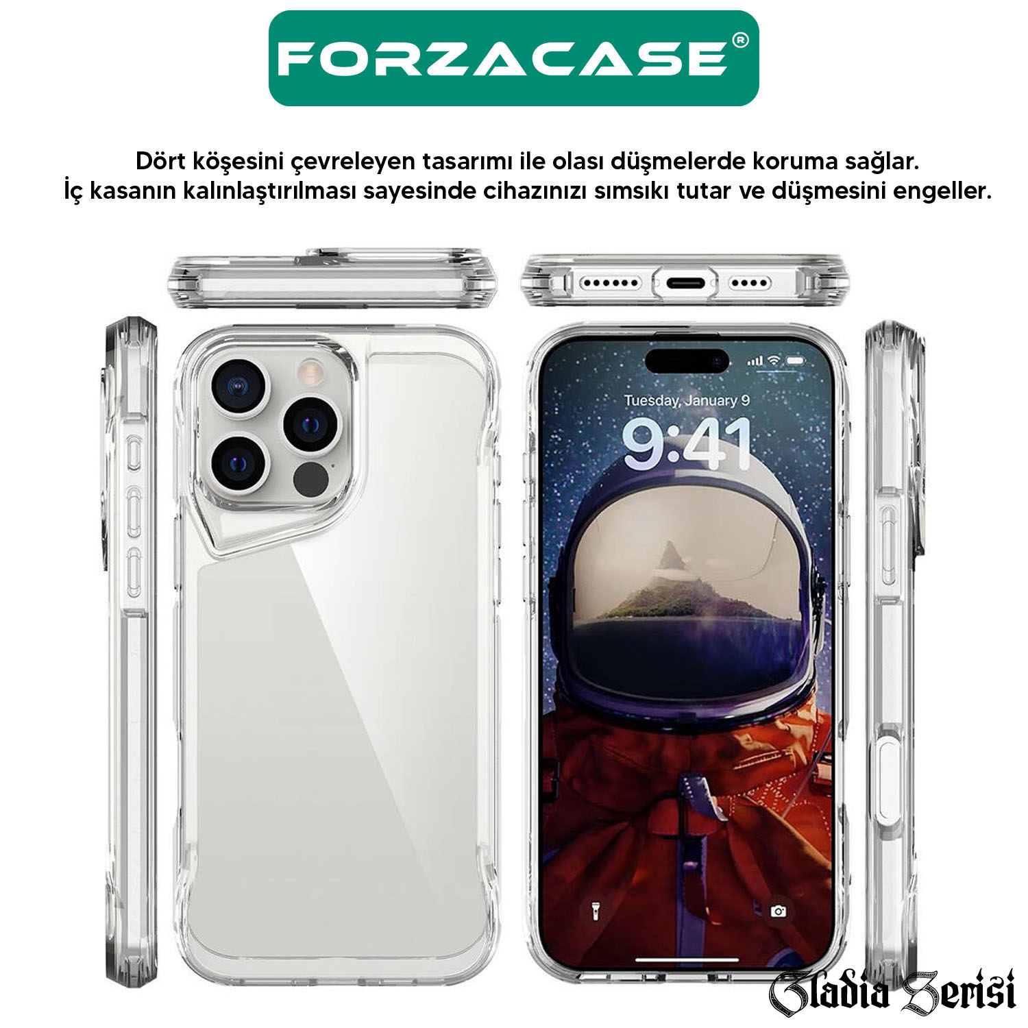 Forzacase iPhone 16 Plus ile uyumlu Gladia Serisi Kamera Köşe Korumalı Sert Plastik Şeffaf Kılıf