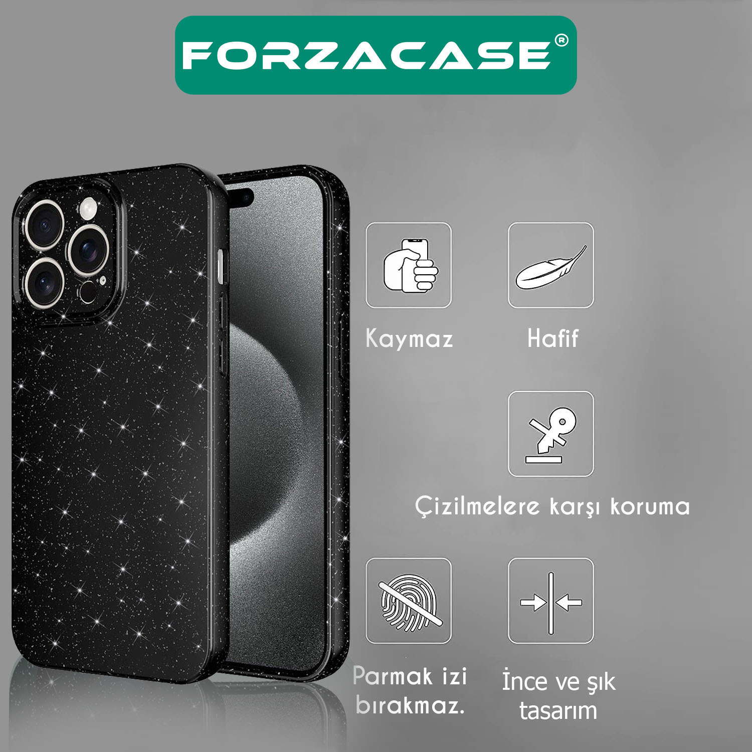 Forzacase iPhone 14 Pro uyumlu Glare Serisi Kamera Korumalı Simli Silikon Kılıf