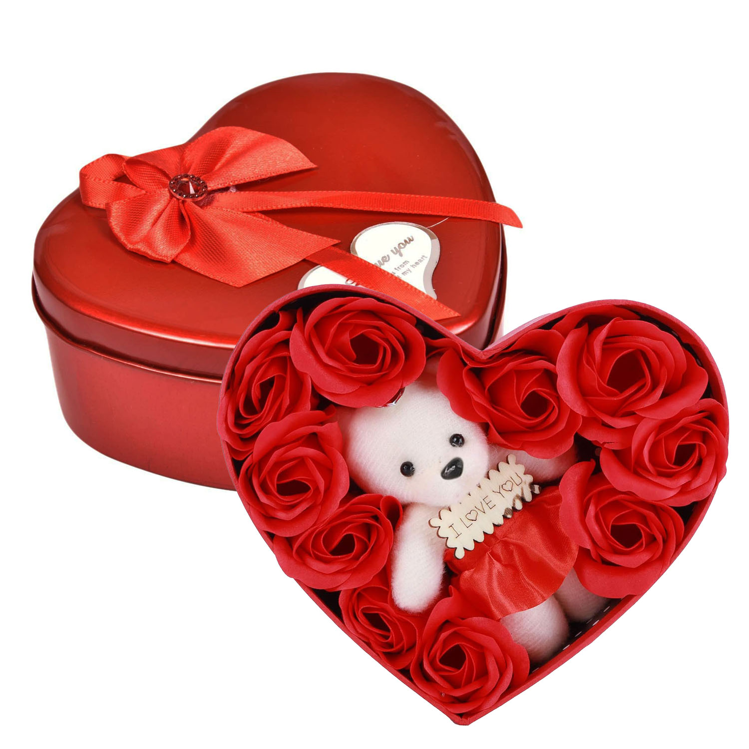 Sevgililer Günü Hediyesi Metal Kalp Kutuda Kokulu Yapay Güller ve I Love You Yazılı Sevimli Ayıcık