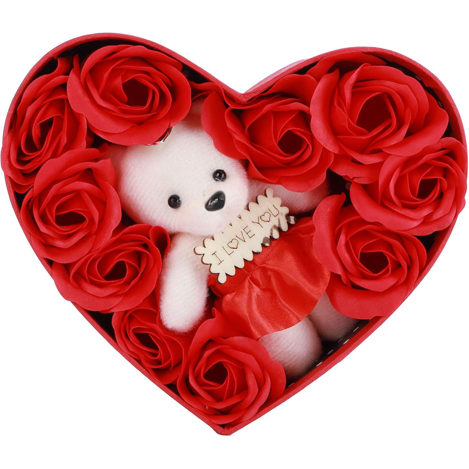 Sevgililer Günü Hediyesi Metal Kalp Kutuda Kokulu Yapay Güller ve I Love You Yazılı Sevimli Ayıcık
