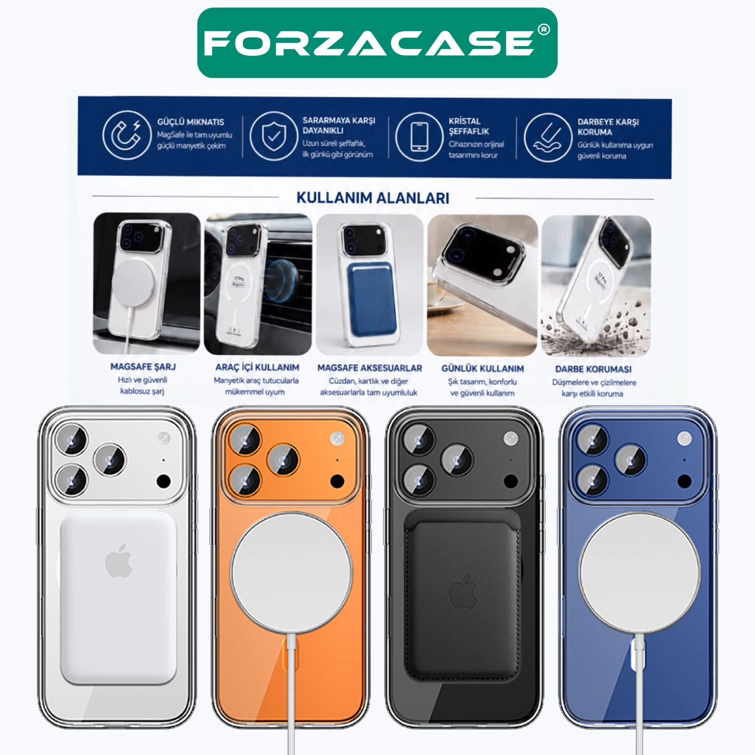 Forzacase iPhone 15 ile uyumlu ClearMag Serisi Magsafe Özellikli Kristal Şeffaf Sert PC Kılıf