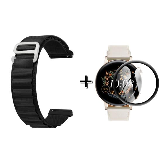 Forzacase Huawei Watch GT3 42mm için Kancalı Kumaş Kordon Kayış + Ekran Koruma Filmi - FC246