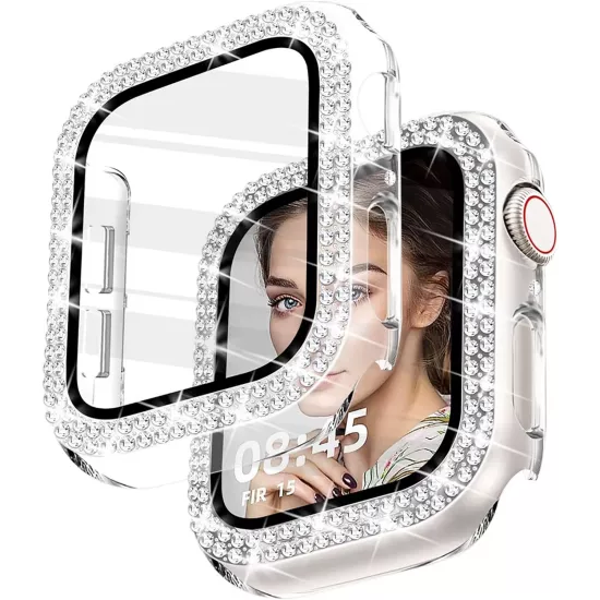 Forzacase Apple Watch 11 42mm ile uyumlu Elmas Taşlı Ekran Koruyuculu Plastik Kılıf Şeffaf - FC1010