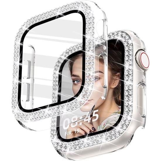 Forzacase Apple Watch 49mm ile uyumlu Elmas Taşlı Ekran Koruyuculu Plastik Kılıf Şeffaf - FC1010