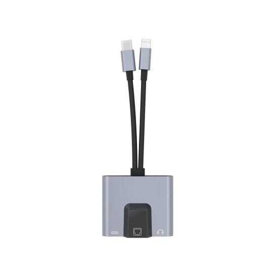 Forzacase 3 in 1 Lightning & Type-C to Ethernet Adaptörü RJ45, AUX, Şarj Destekli Çevirici - FC1083