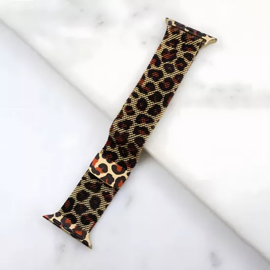 Forzacase Apple Watch 8 45mm ile uyumlu Leopar Desen Metal Mıknatıslı Kordon Kayış - FC1137