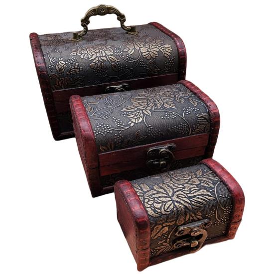 Forzacase 3’lü Vintage Nostalji Ahşap Deri Sandık Kutusu 3 Boy Mücevher Takı Saklama Kutusu - FC365