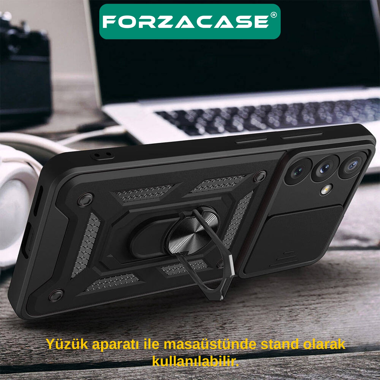 Forzacase Huawei Pura 70 Pro ile uyumlu Ares Serisi Yüzük Standlı Kamera Korumalı Sürgülü Sert Kılıf