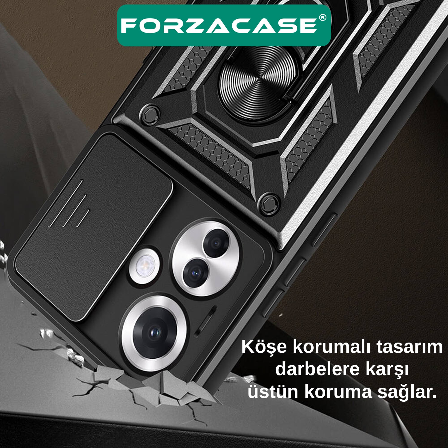 Forzacase Huawei Pura 70 ile uyumlu Ares Serisi Yüzük Standlı Kamera Korumalı Sürgülü Sert Kılıf